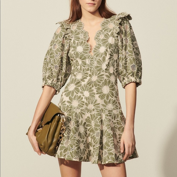 [sold]NWT Sandro dress with embroidered green flowers - Picture 1 of 6